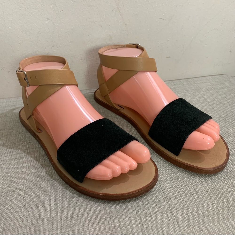 NEW! Women’s MATT BERNSON Black & Beige LEATHER Suede FLAT Wrap Around SANDALS 8